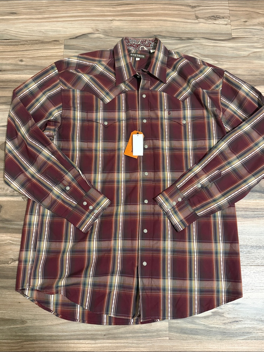 STETSON Western Pearl Snap Maroon Plaid Rodeo L/S Shirt Flip Cuff Men XL NW